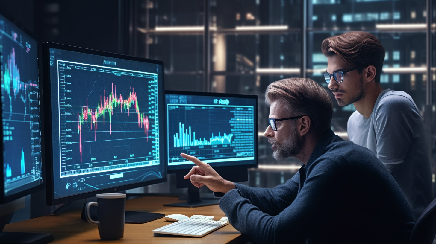 Two traders discussing equity research shown on desktop screen